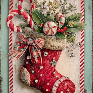 May include: A Christmas stocking, filled with candy canes, holly, and berries, is the focal point of this image. The red stocking is adorned with sparkling embellishments and a plaid bow. The background is a distressed wooden panel.