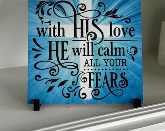 Met zijn liefde kalmeert hij al je angsten metalen bord, christelijk wanddecor, religieus interieur, schriftteken, inspirerend cadeau