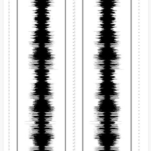 May include: Abstract black and white pattern featuring vertical stripes with a textured, soundwave-like design. The design includes solid black areas and thin, irregular lines, creating a dynamic visual effect. The background is plain white.