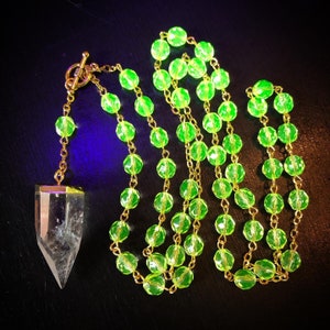 Goblin Goddess - Uranium glass rosary with a quartz crystal spike pendant