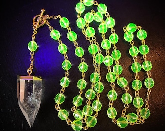 Goblin Goddess - Uranium glass rosary with a quartz crystal spike pendant