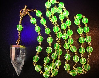 Goblin Goddess - Uranium glass rosary with a quartz crystal spike pendant
