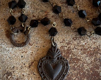 Sacred Heart Milagro Black Rosary Necklace