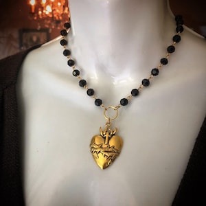 Sacred Heart Black Glass Rosary Necklace