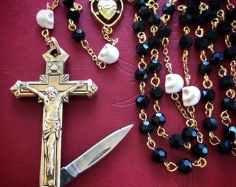 Sale***Beneath Thy Protection. Crucifix knife black rosary necklace