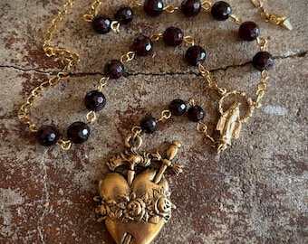 Immaculate Heart Garnet Gemstone Rosary Necklace - Gold