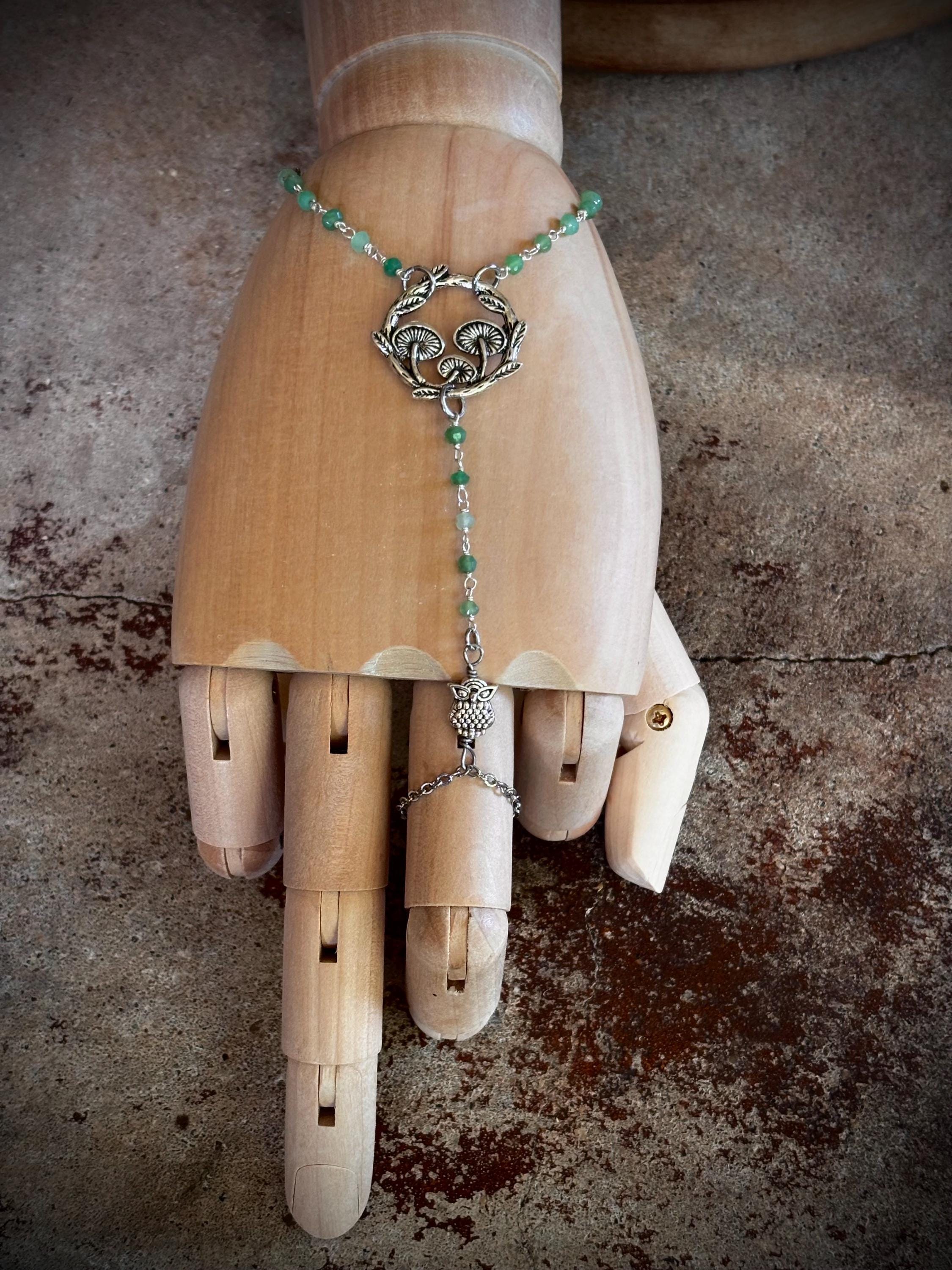 Of the Forest Hand Chain Jewlery. Mushroom, Chrysoprase, Owl.