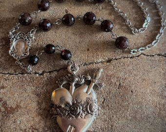 Immaculate Heart Garnet Gemstone Rosary Necklace