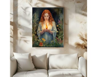 May include: A framed watercolor print depicts a woman with long red hair holding a glowing flame. She is surrounded by colorful flowers and greenery. The artwork is displayed above a white sofa.