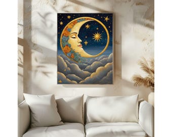 Celestial Moon Art Print • Sun and Moon Lovers Wall Art • Floral Crescent Face Giclée • Whimsical Night Sky Decor • Museum Quality Fine Art