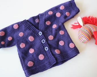 Purple + Pink Dotty Cardi, 9-12 Months, Girls Cardigan, Girls Purple Wool Cardigan, New Zealand Wool*