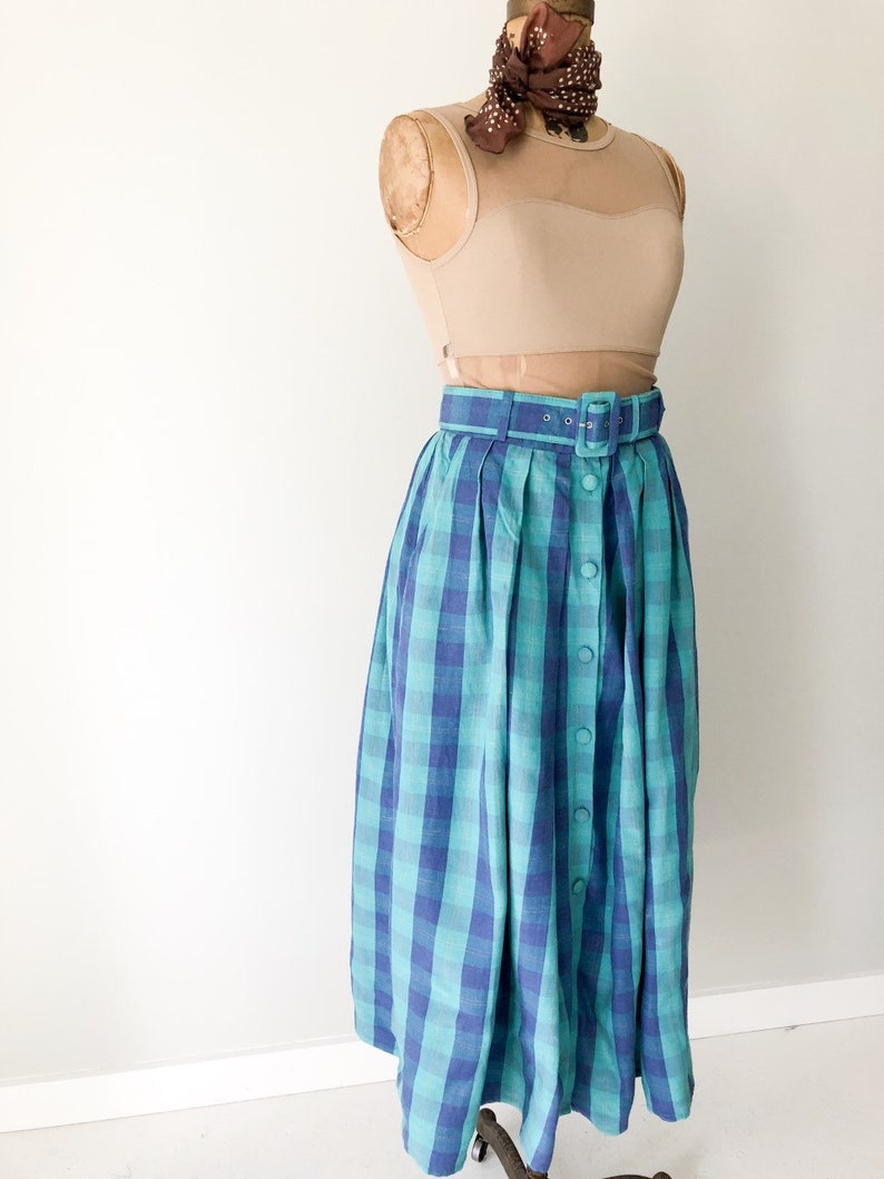 Full Pleated Belted Skirt Thornton Hall Linen Skirt 10-12 UK Greenl And Blue Skirt Vintage New Zealand D 1980s Skirt Size 8-10 US