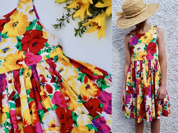 Vintage Florals 80s Girls Cotton Summer Dress 8-10