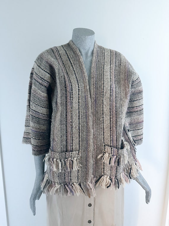 Woven Ethnic Wool Fringed Jacket, Fringed Poncho,… - image 3