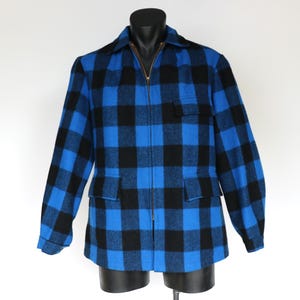 May include: A blue and black checked jacket with a zip fastening, two front pockets, and a collared neckline. The jacket is displayed on a black mannequin.