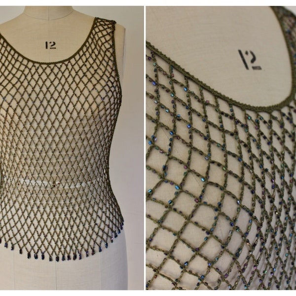 Glam Vintage Green Beaded Knit Mesh Net Tank, Small, Flapper Style, Vintage Beaded Top, Art Deco