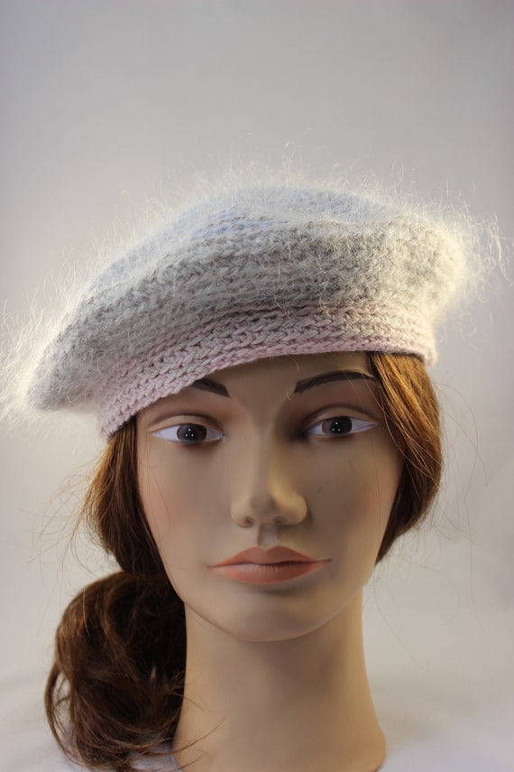 Pastel Gray & Pink Mohair Beret, Mohair Wool Tam,… - image 7