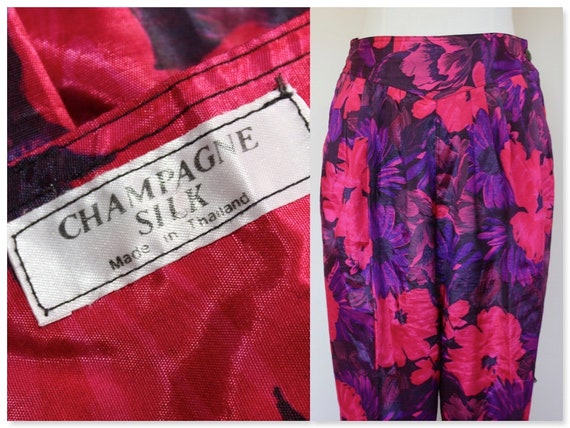 High Waisted Floral Silk Pants, Vintage Trousers,