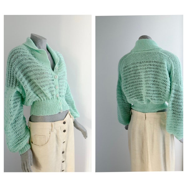 Bishop Sleeve Minty Loose Weave Knit Top, Vintage Knit Top, Soft Knit Cardigan, 1980s Vintage, Made In New Zealand, Size 10-12, Australia, x