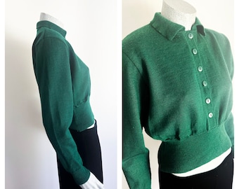 Daniel Hechter Forest Green Vintage Pure Wool Knit Women's Jersey, Size 8-10, New Zealand Wool, Green Cardigan, Cropped Sweater Top, x