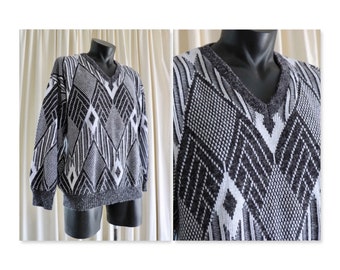 The Fern Club Acrylic Sweater, Sz Large, 46" Chest, Mens Grey & White Sweater, Winter Jersey, V Neck Jersey*