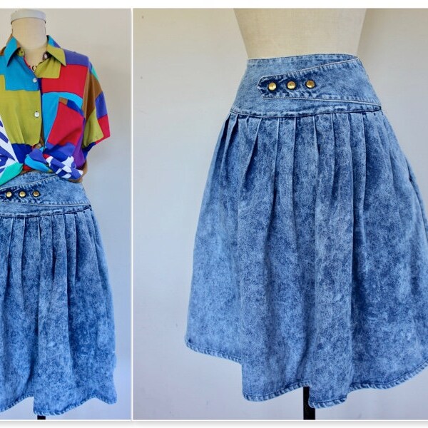 80s Acid Wash High Waisted Denim Skirt, Stonewash Denim Skirt, Vintage Denim Skirt, 24"-25" Waist, 1980s, XS/Small, Bendigo Blues *