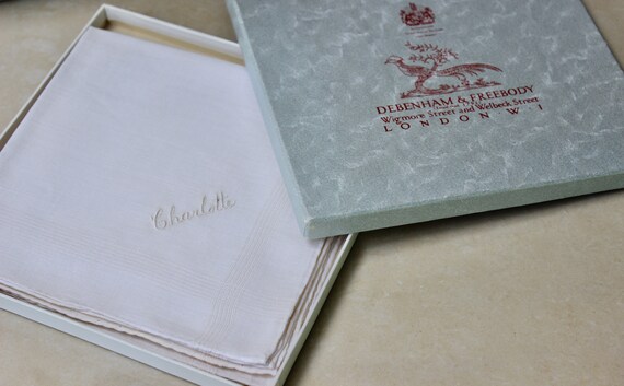 Charlotte Embroidered Debenham & Freebody Boxed Set Printed Fine Lawn Cotton Handkerchiefs, Charlotte, 1950s*