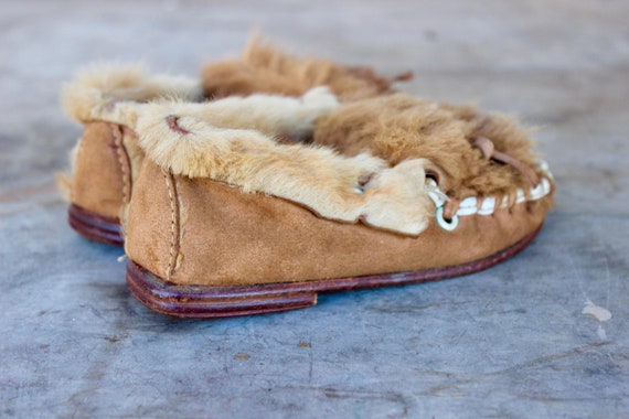 Vintage 30s Children's Leather & Fur Slipper/Shoe… - image 5