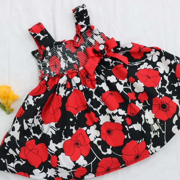 Poppy Dress, 12mths Vintage Dress, Floral Dress, Black, Red & White Girls Summer Floral Dress, Toddlers Vintage Dress, Baby Girl*