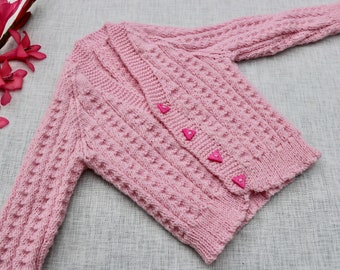 Baby Pink Knit Cardigan, Soft Baby Wool Jersey, Baby Sweater, Size 3 months +, Handmade, Hand Knitted*