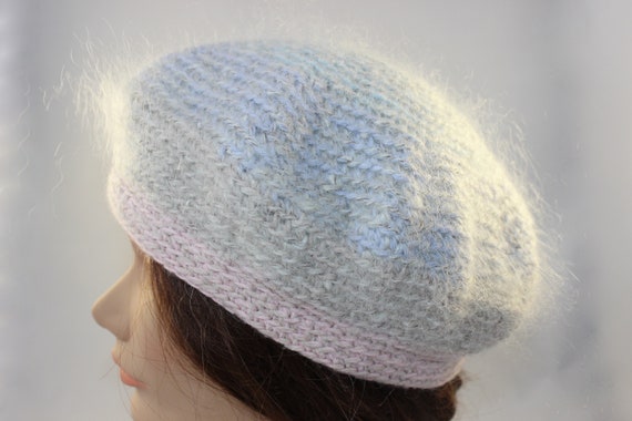 Pastel Gray & Pink Mohair Beret, Mohair Wool Tam,… - image 4