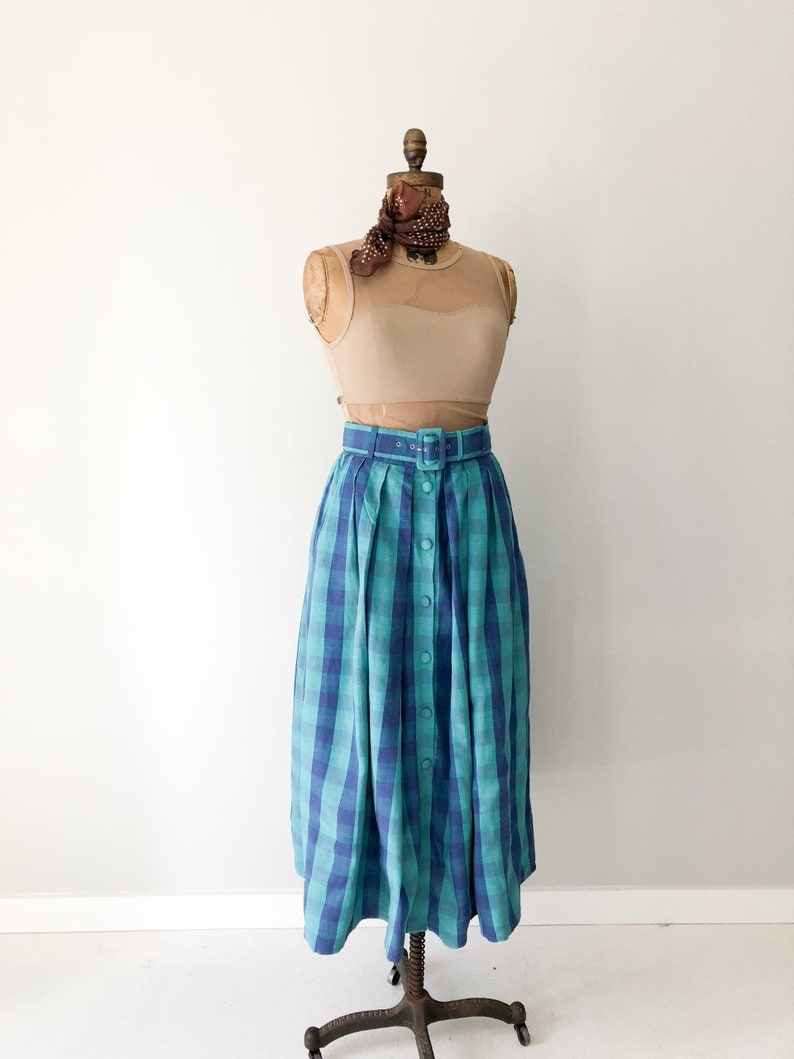 Full Pleated Belted Skirt Thornton Hall Linen Skirt 10-12 UK Greenl And Blue Skirt Vintage New Zealand D 1980s Skirt Size 8-10 US