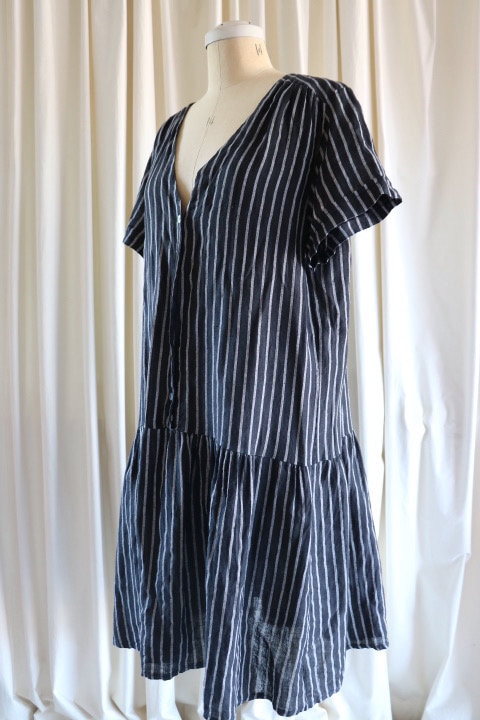 linen blue striped dress Wylla V Neck Linen Mini Dress Blue Stripe
