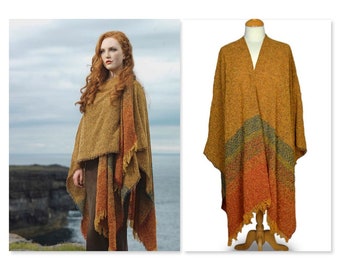 Lambswool Celtic Ruana Wrap, Gold,  Made in Ireland, Lambswool Tassel Shawl, Fringed Shawl, Winter Scarves, Lazy Day Vintage NZ *