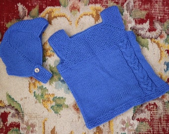 Cobalt Blue Baby Knit Dress & Bonnet, Wool Dress, Baby Outfit, Size 3-6 months, Handmade, Hand Knitted*