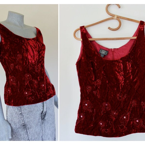 Blood Red Vintage Laura Ashley Crushed Velvet Floral Embroidery Sleeveless Top, Luxury Evening wear, Size EU38, UK12, US8 Sleeveless Top*