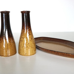 May include: A ceramic salt and pepper set and serving dish. The shakers are brown and tan with a speckled design. The serving dish is a long, oval shape, also in shades of brown. The set is suitable for the dining table.