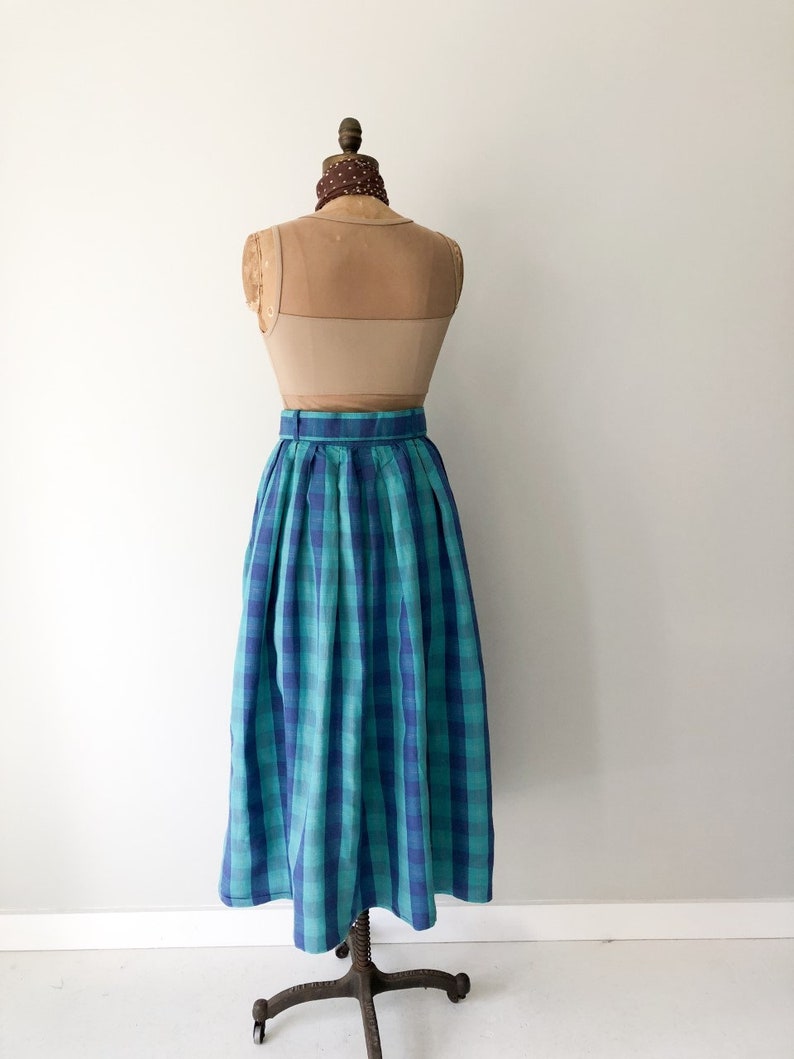 Full Pleated Belted Skirt Thornton Hall Linen Skirt 10-12 UK Greenl And Blue Skirt Vintage New Zealand D 1980s Skirt Size 8-10 US