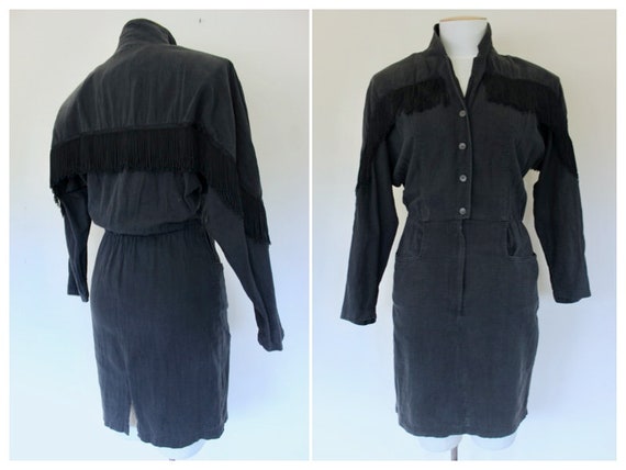 80s Black Stonewash Fringed Denim Dress, Queens De