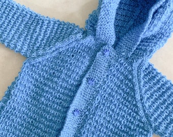 Babys Blue Hooded Knit Cardigan, Acrylic Jersey, Baby Sweater, Size 3-9 months, Handmade, Hand Knitted, D