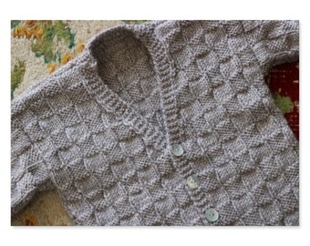 NEW Natural Basket Weave Wool Hand Knit Cardigan, 9-12 Months, NZ Wool, Natural Unbleached Wool Sweater, New Zealand Wool*