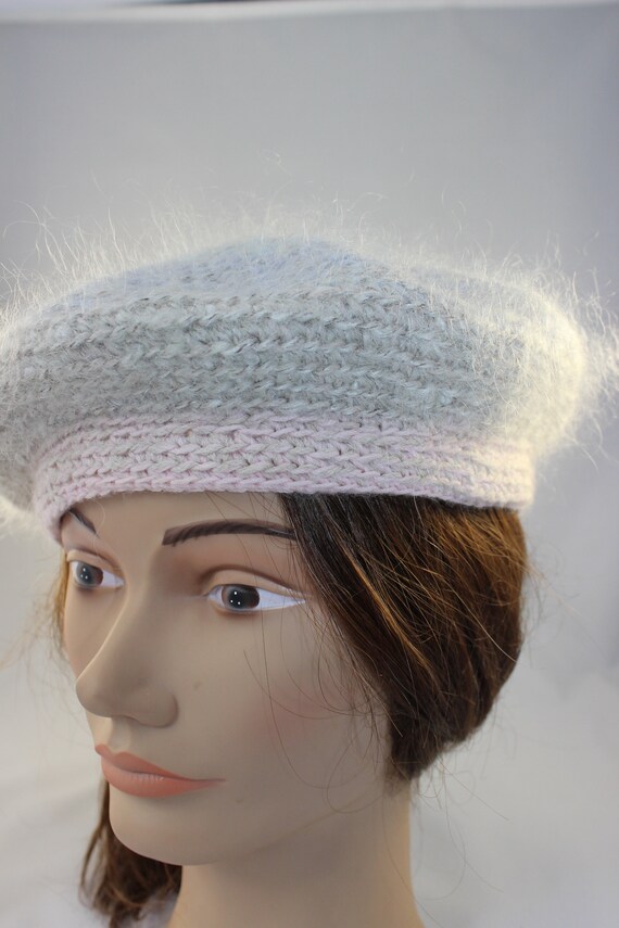 Pastel Gray & Pink Mohair Beret, Mohair Wool Tam,… - image 3