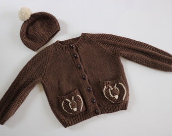 Wool Cardi + Beanie 4-5 Yrs Kids Cardigan, Unisex, Pom Pom Hat, New Zealand, Lazy Day Vintage*