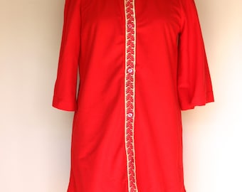 1960s Cherry Red Lounge Wear Velour Robe with Gold Trim, Size Medium, Red and Gold, Vintage Dressing Gown, Vintage Women's Robe, Christmas