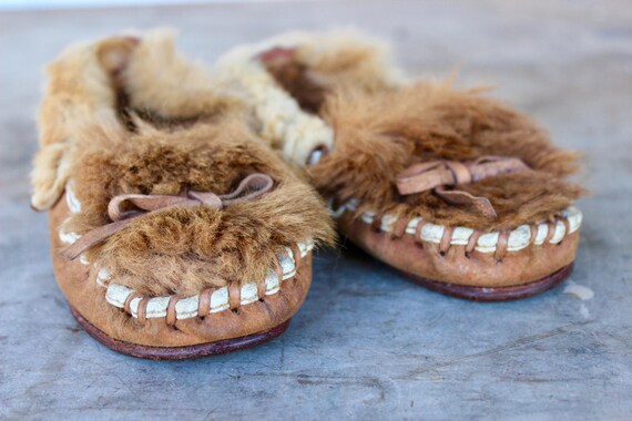 Vintage 30s Children's Leather & Fur Slipper/Shoe… - image 1