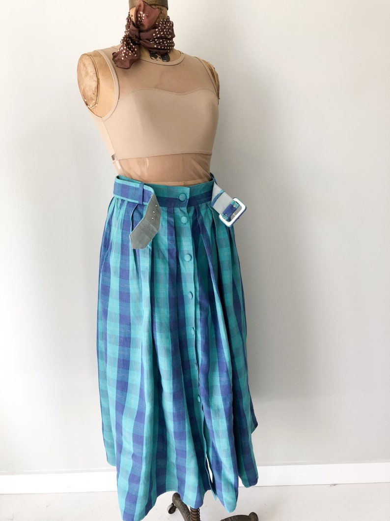 Full Pleated Belted Skirt Thornton Hall Linen Skirt 10-12 UK Greenl And Blue Skirt Vintage New Zealand D 1980s Skirt Size 8-10 US