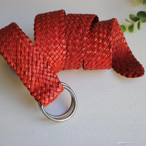 VINTAGE Red Woven Leather Wide Belt Vintage Oxblood Red Woven Leather Belt | Brass Buckle, Boho  main image 2
