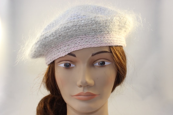 Pastel Gray & Pink Mohair Beret, Mohair Wool Tam,… - image 1