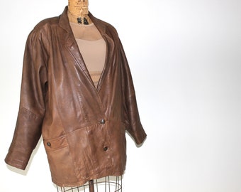 80's Vintage Echtes Leder Brown Leather Jacket, 51" Bust, Vintage Women's Leather Jacket, US 10-12, UK 12-14, Size 48 *