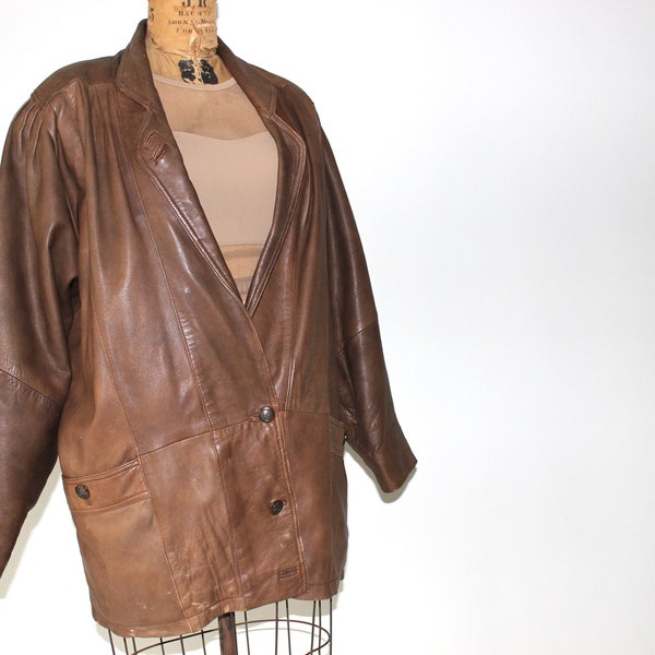 80's Vintage Echtes Leder Brown Leather Jacket, 51" Bust, Vintage Women's Leather Jacket, US 10-12, UK 12-14, Size 48 *